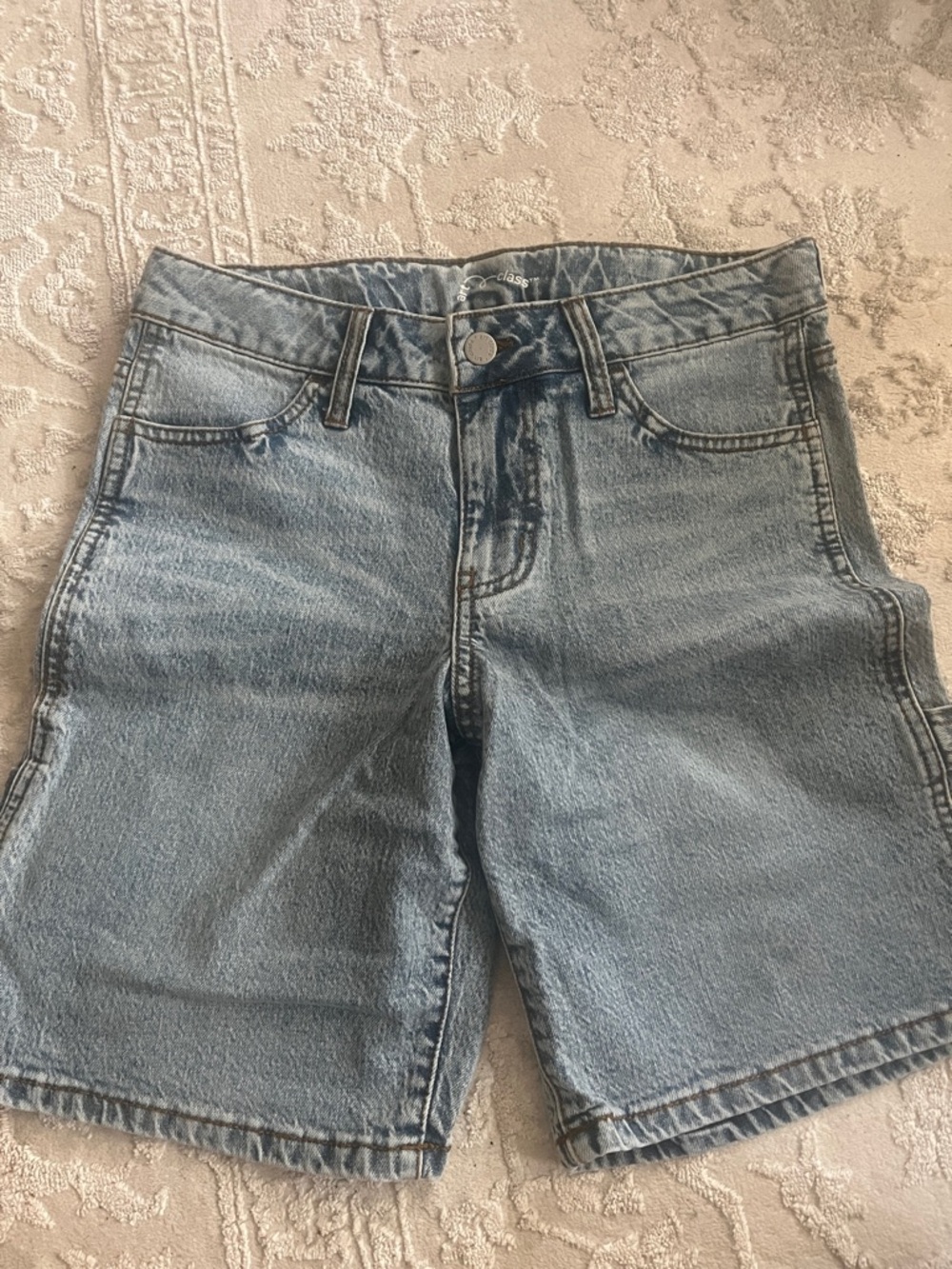 art class Light Blue Denim Shorts with Brown Stitching
